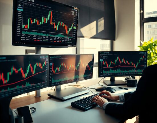 Trading screens showing EUR/USD chart ahead of US jobs report