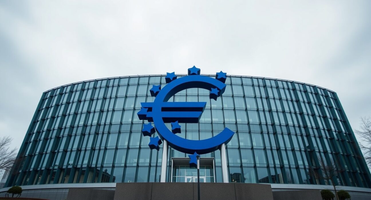 European Central Bank headquarters in Frankfurt on a cloudy day, representing eurozone economic conditions.