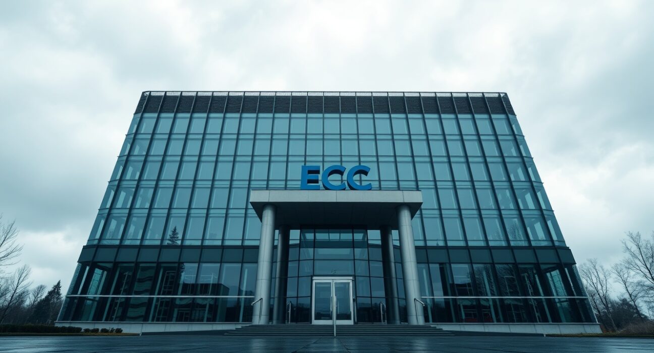 ECB headquarters in Frankfurt under overcast sky reflecting economic uncertainty