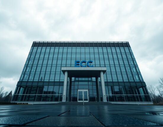 ECB headquarters in Frankfurt under overcast sky reflecting economic uncertainty