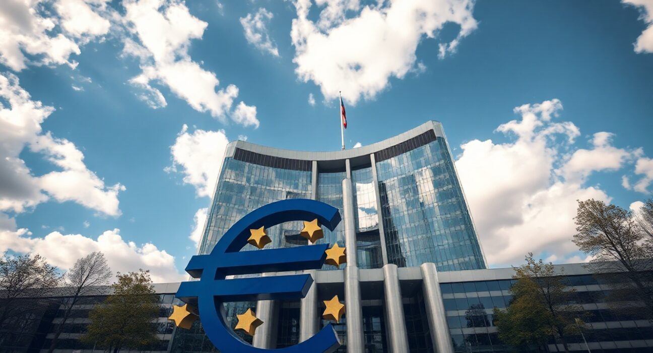 European Central Bank headquarters in Frankfurt under cloudy sky, symbolizing monetary policy decision.
