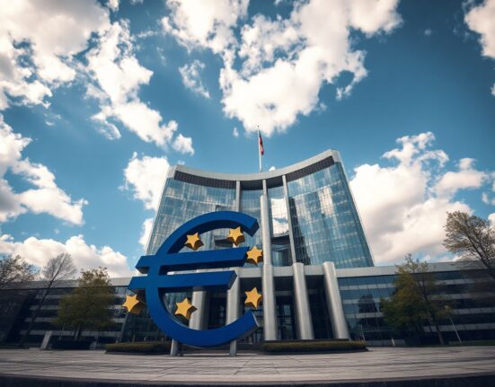 European Central Bank headquarters in Frankfurt under cloudy sky, symbolizing monetary policy decision.