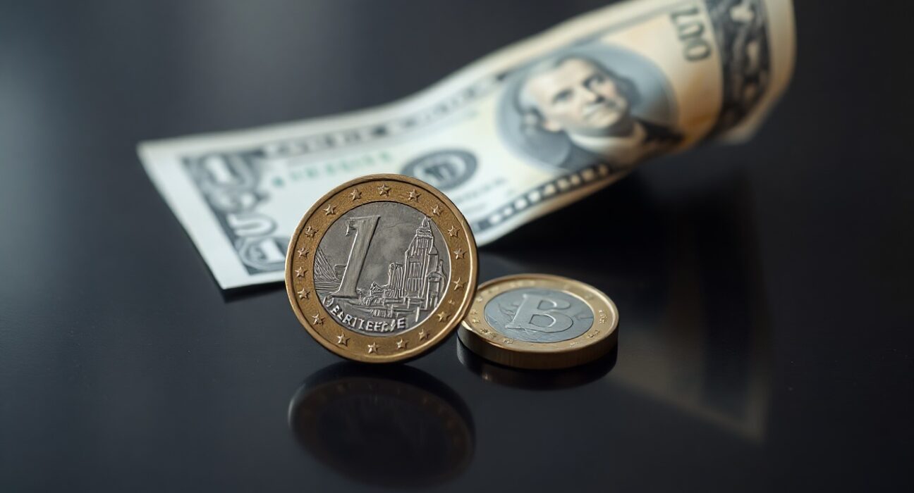 Euro coin and US dollar banknote on a dark surface representing currency exchange rate dynamics.