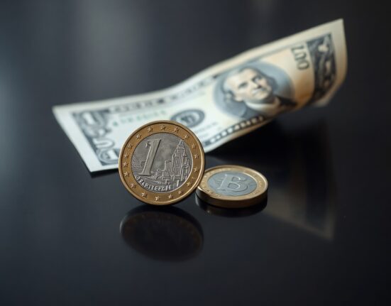 Euro coin and US dollar banknote on a dark surface representing currency exchange rate dynamics.