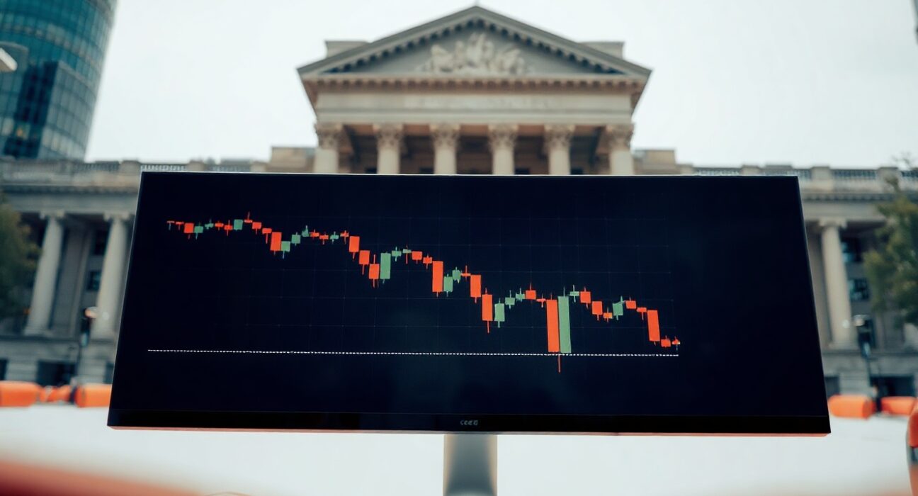 Close-up of a EUR/USD forex chart on a monitor with the European Central Bank building in the background.