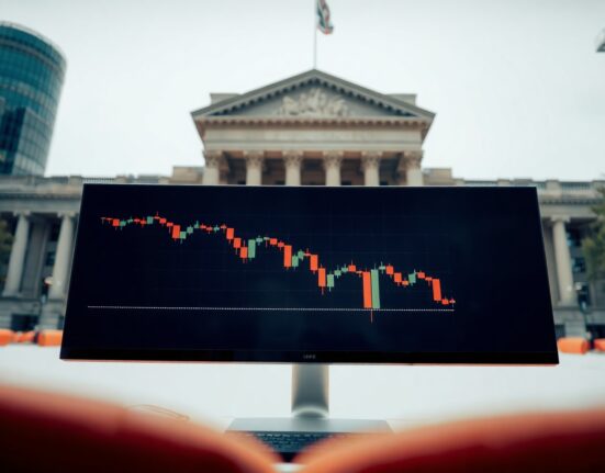 Close-up of a EUR/USD forex chart on a monitor with the European Central Bank building in the background.