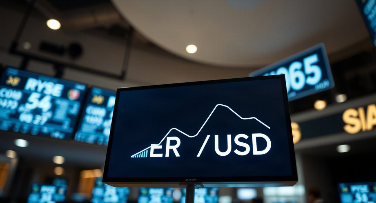 EUR/USD exchange rate display on a trading floor showing a decline after US PCE data release