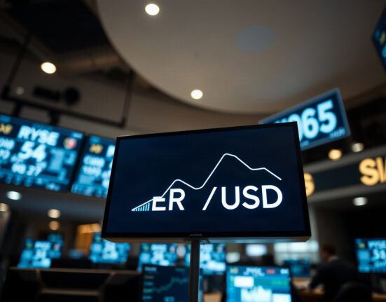 EUR/USD exchange rate display on a trading floor showing a decline after US PCE data release