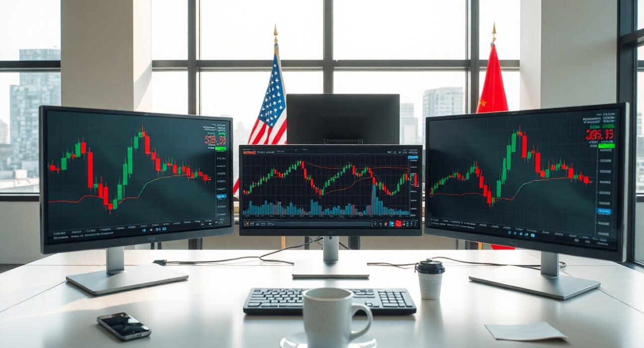 Forex trading desk with EUR/USD charts ahead of Nonfarm Payrolls release