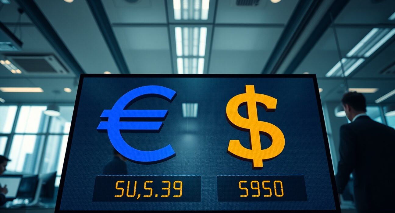 Digital trading screen showing Euro and US Dollar exchange rates with steady movement ahead of central bank meetings.