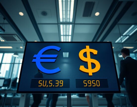 Digital trading screen showing Euro and US Dollar exchange rates with steady movement ahead of central bank meetings.