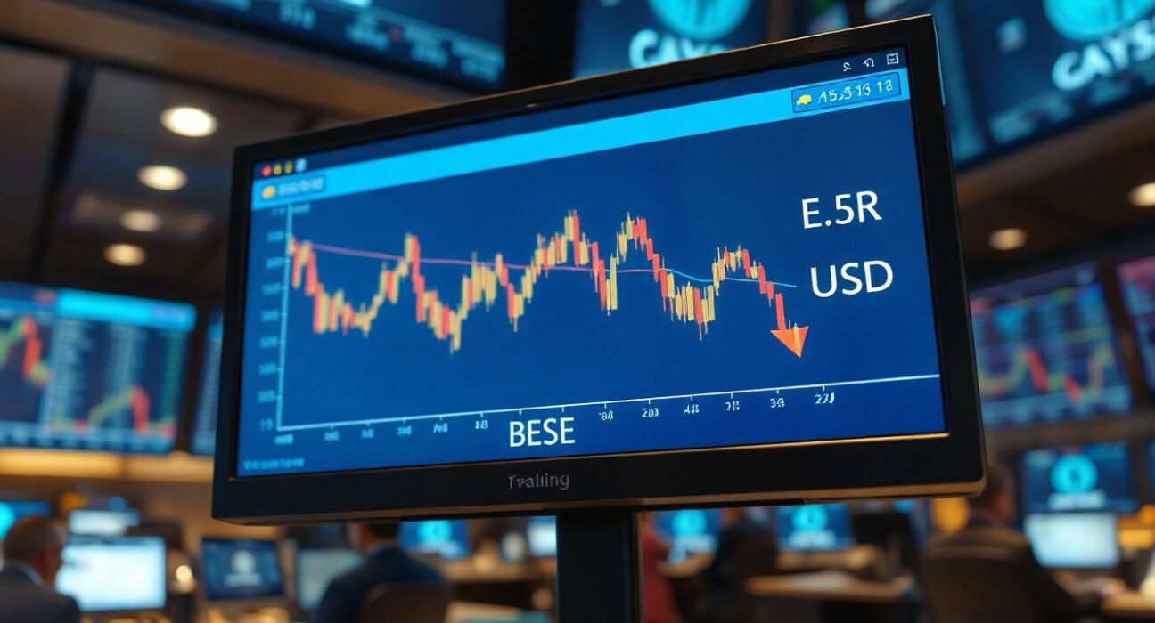 EUR/USD chart showing downward trend on a trading floor monitor