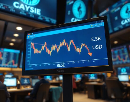 EUR/USD chart showing downward trend on a trading floor monitor