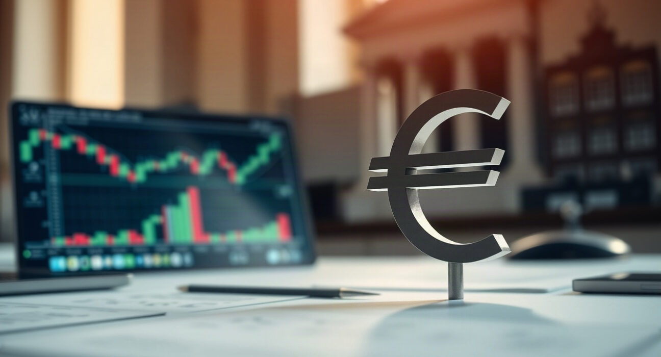 Euro symbol on a financial desk with charts and ECB building in background