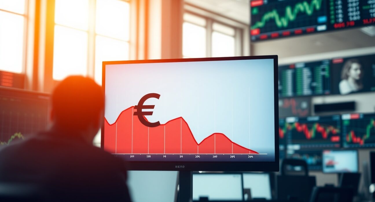 EUR/USD trading screen showing decline in a modern financial office setting