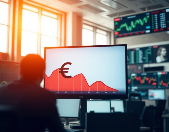 EUR/USD trading screen showing decline in a modern financial office setting