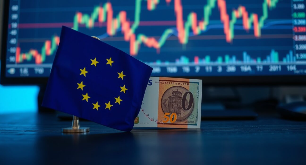 Euro banknote and European Union flag on a desk with financial charts in the background