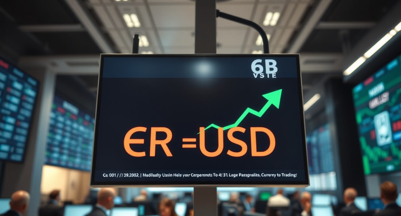 EUR/USD exchange rate chart showing a rebound on a trading floor screen.