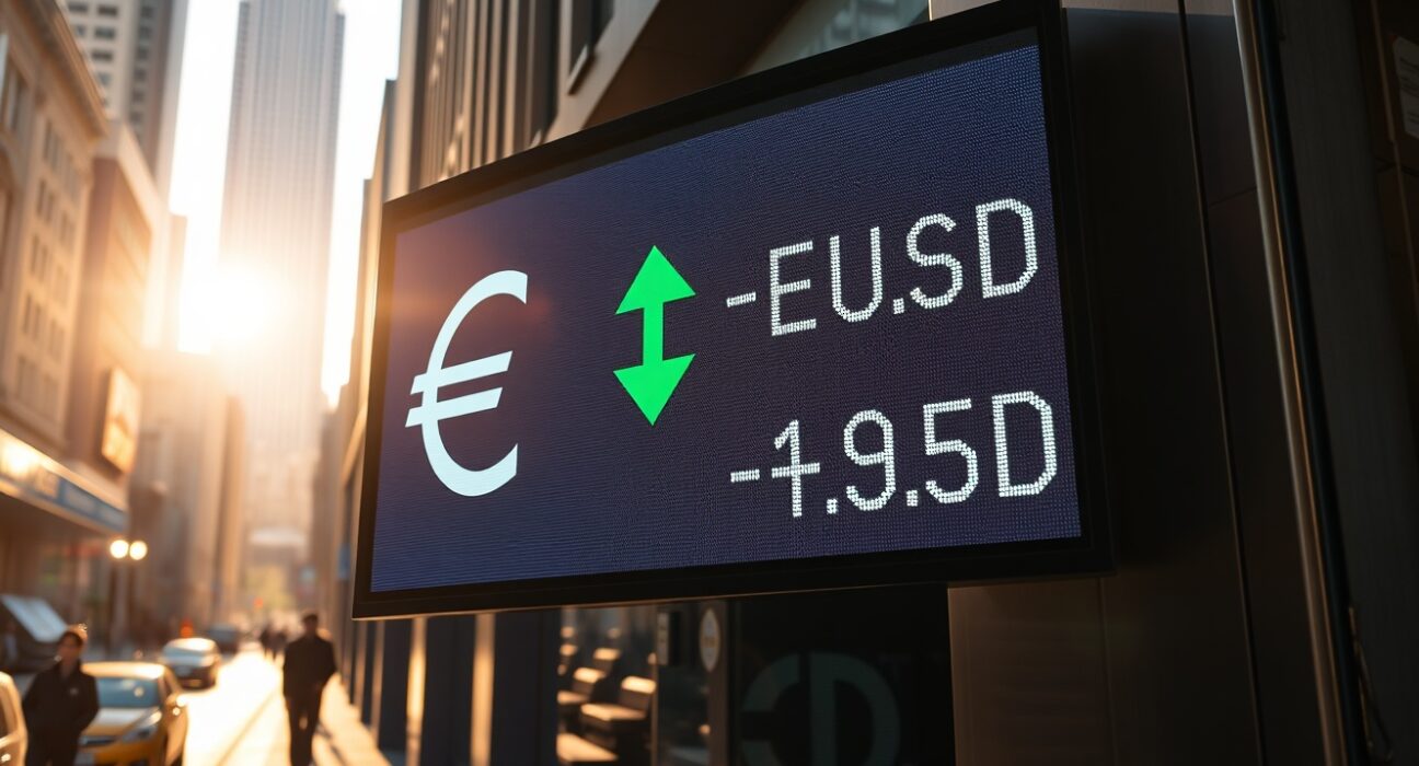 EUR/USD exchange rate board showing downward trend in a financial district