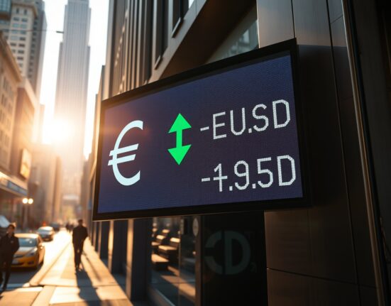 EUR/USD exchange rate board showing downward trend in a financial district