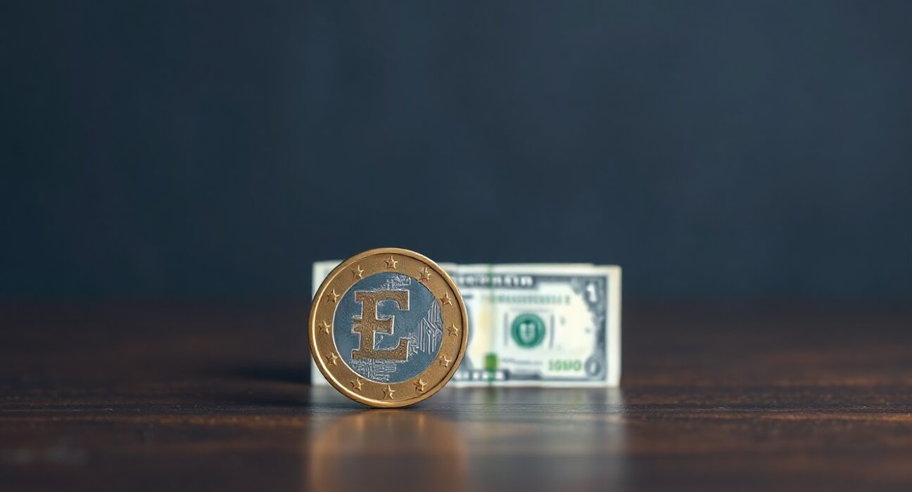 Euro coin and US dollar banknote on wooden surface representing EUR/USD exchange rate support level analysis