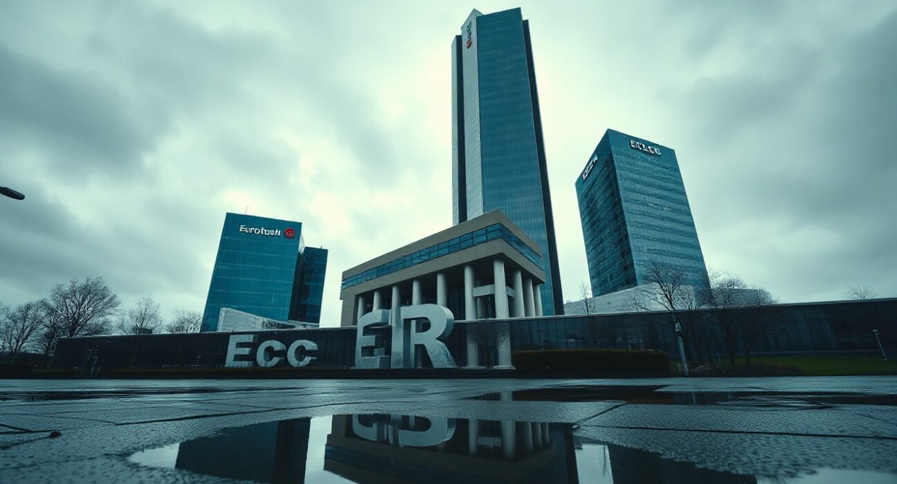 European Central Bank headquarters in Frankfurt under overcast sky symbolizing euro downside risk
