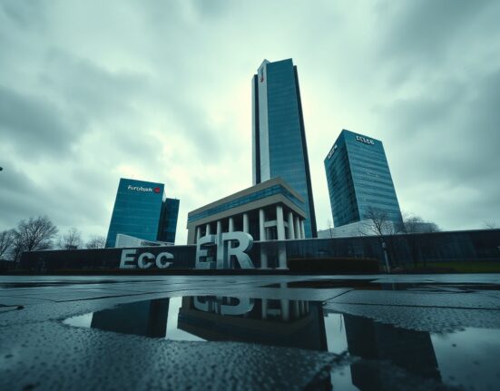 European Central Bank headquarters in Frankfurt under overcast sky symbolizing euro downside risk