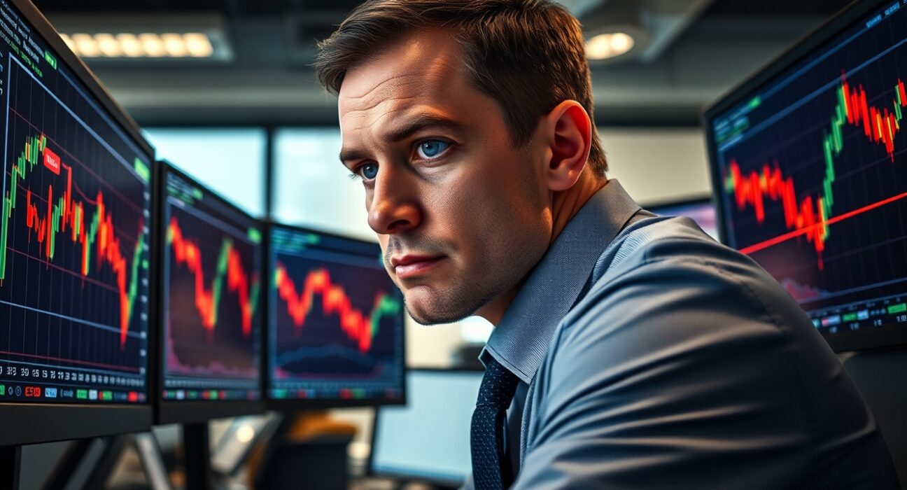 Trader analyzing EUR/USD chart with downward trend on monitors in a professional office setting.