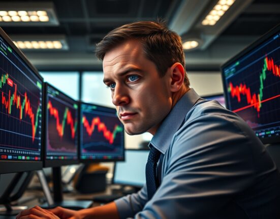 Trader analyzing EUR/USD chart with downward trend on monitors in a professional office setting.