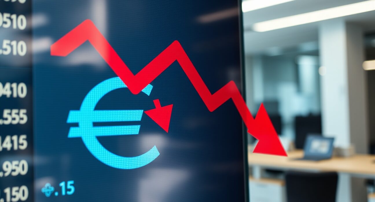 Euro and US dollar symbols on a trading screen with a bearish chart pattern