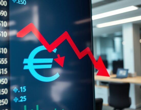 Euro and US dollar symbols on a trading screen with a bearish chart pattern