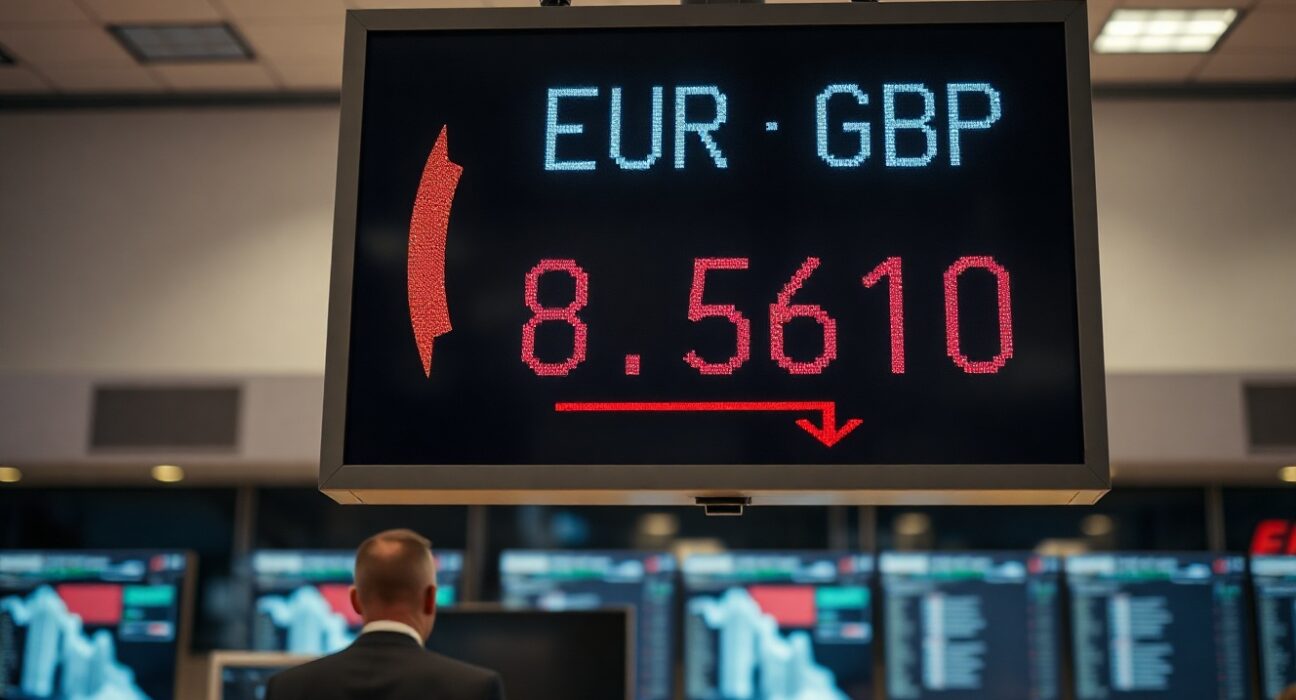 Currency exchange board showing EUR/GBP rate with downward red arrow near 0.8610 on a trading floor