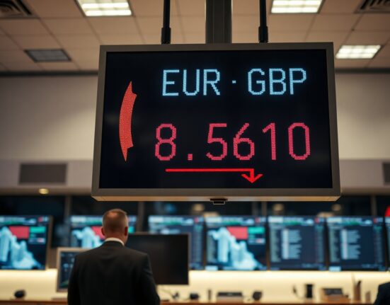 Currency exchange board showing EUR/GBP rate with downward red arrow near 0.8610 on a trading floor