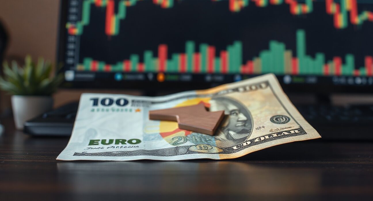 Euro and US dollar banknotes on a desk with a subtle downward arrow projection, representing bearish EUR/USD outlook.