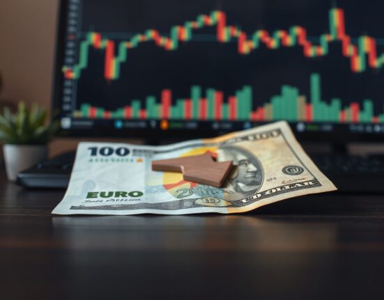 Euro and US dollar banknotes on a desk with a subtle downward arrow projection, representing bearish EUR/USD outlook.