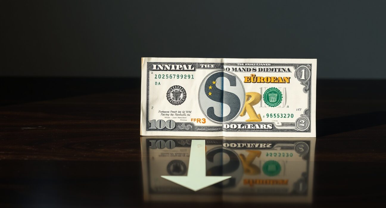 Euro and US dollar banknotes with downward arrow symbolizing euro weakness against dollar