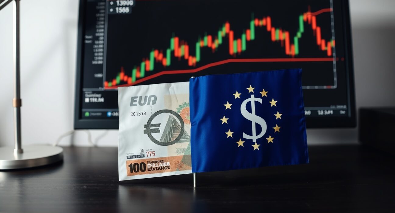 EU flag and US dollar on desk with EUR/USD chart on monitor