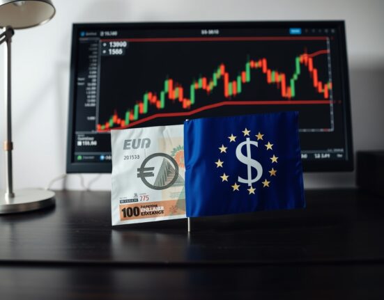 EU flag and US dollar on desk with EUR/USD chart on monitor