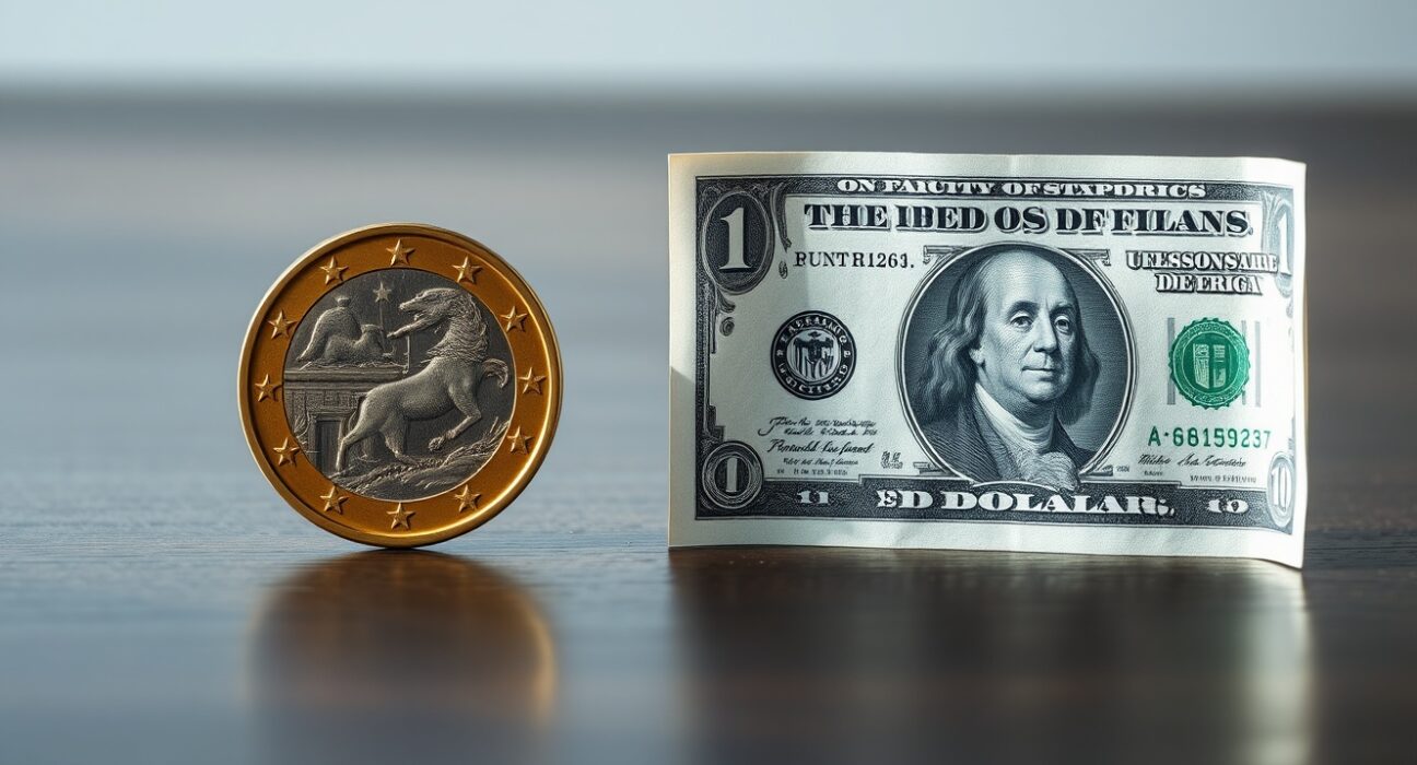 Euro coin and US dollar bill side by side on a wooden surface, representing currency comparison