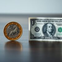 Euro coin and US dollar bill side by side on a wooden surface, representing currency comparison