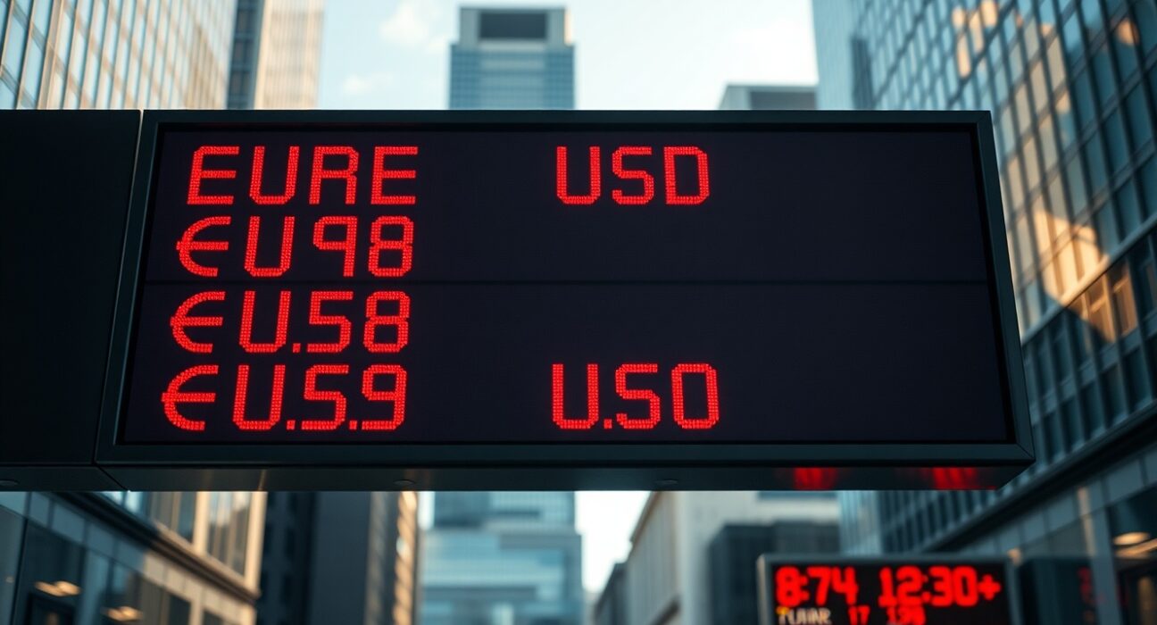 Currency exchange board showing EUR/USD rates declining in a financial district
