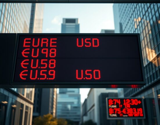 Currency exchange board showing EUR/USD rates declining in a financial district