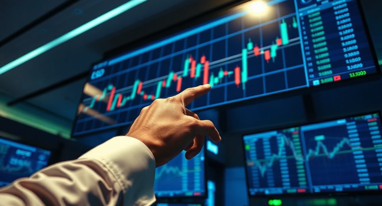 Analyst pointing at EUR/USD candlestick chart on digital screen in trading room