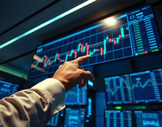 Analyst pointing at EUR/USD candlestick chart on digital screen in trading room