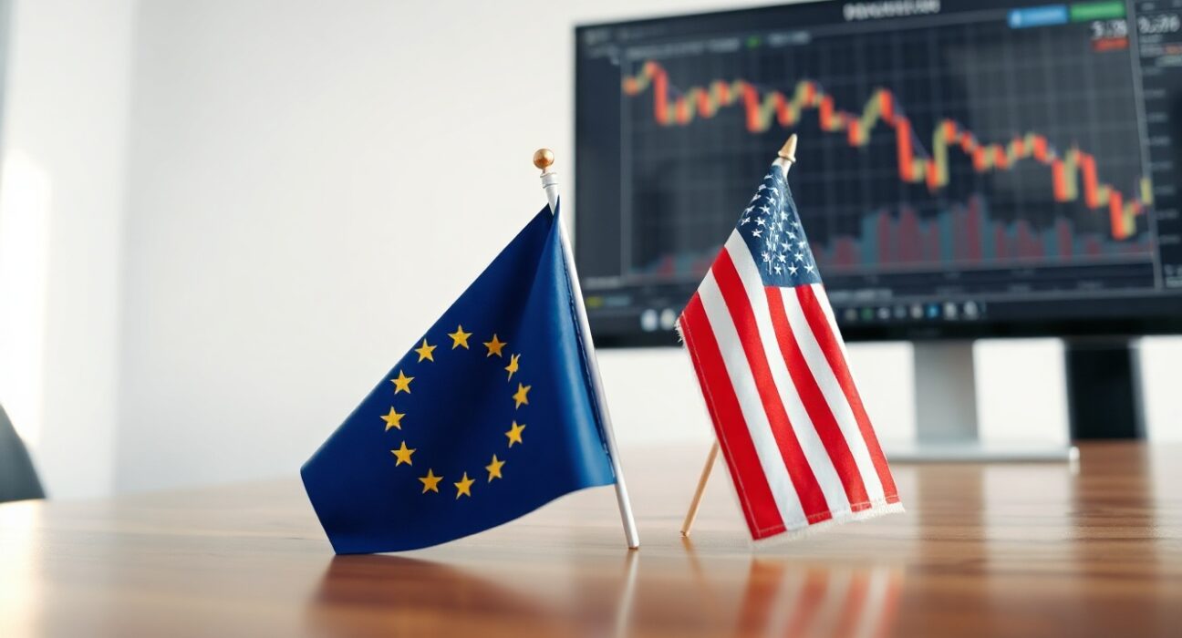 EU and US flags with financial chart showing downtrend, representing EUR/USD exchange rate analysis
