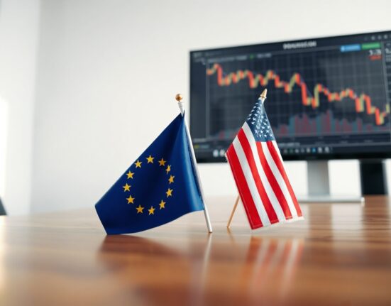 EU and US flags with financial chart showing downtrend, representing EUR/USD exchange rate analysis