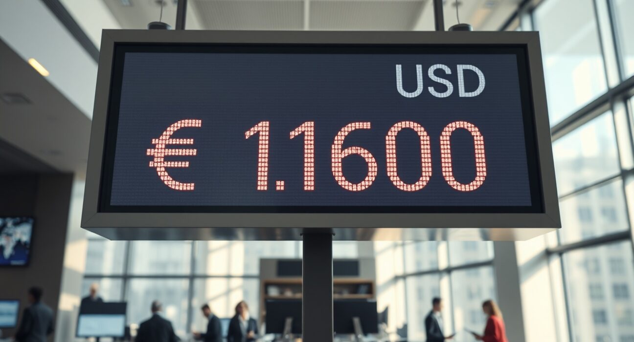 EUR/USD exchange rate board showing 1.1600 in a modern financial trading floor