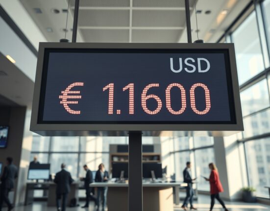EUR/USD exchange rate board showing 1.1600 in a modern financial trading floor