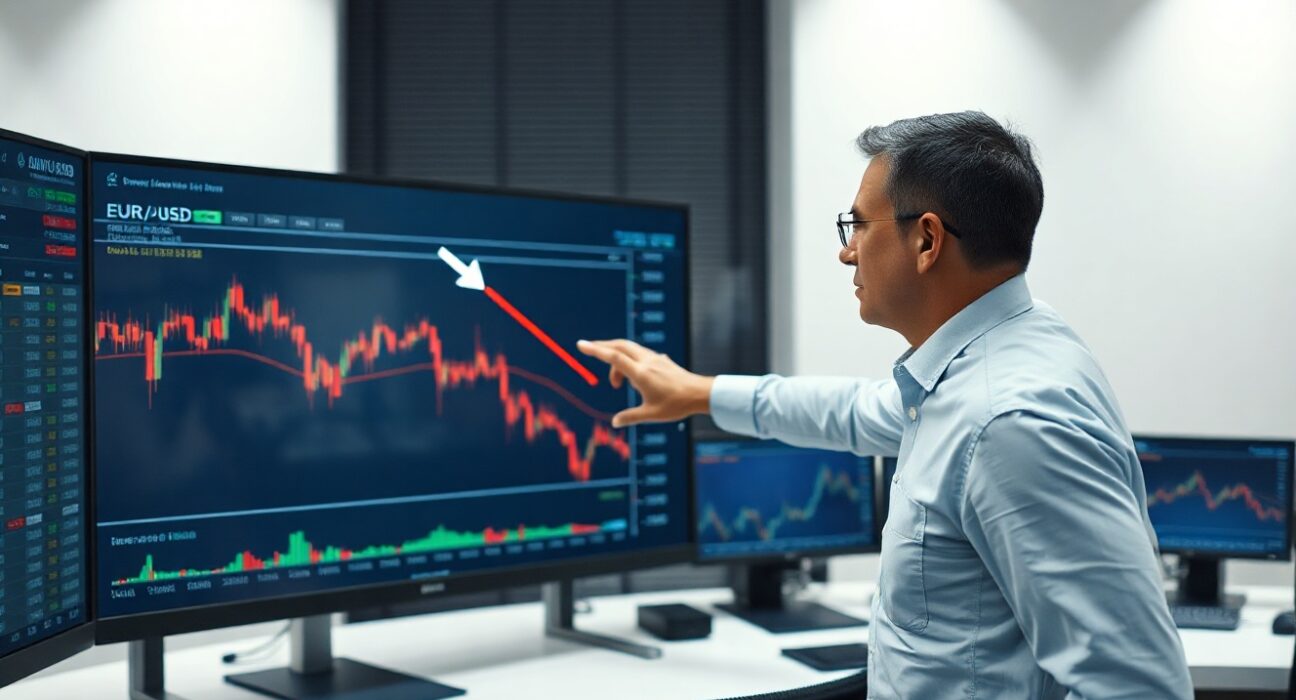 Analyst pointing at EUR/USD downtrend chart on trading floor screen