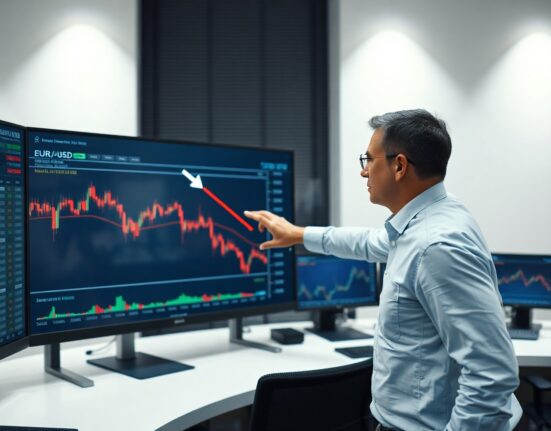 Analyst pointing at EUR/USD downtrend chart on trading floor screen